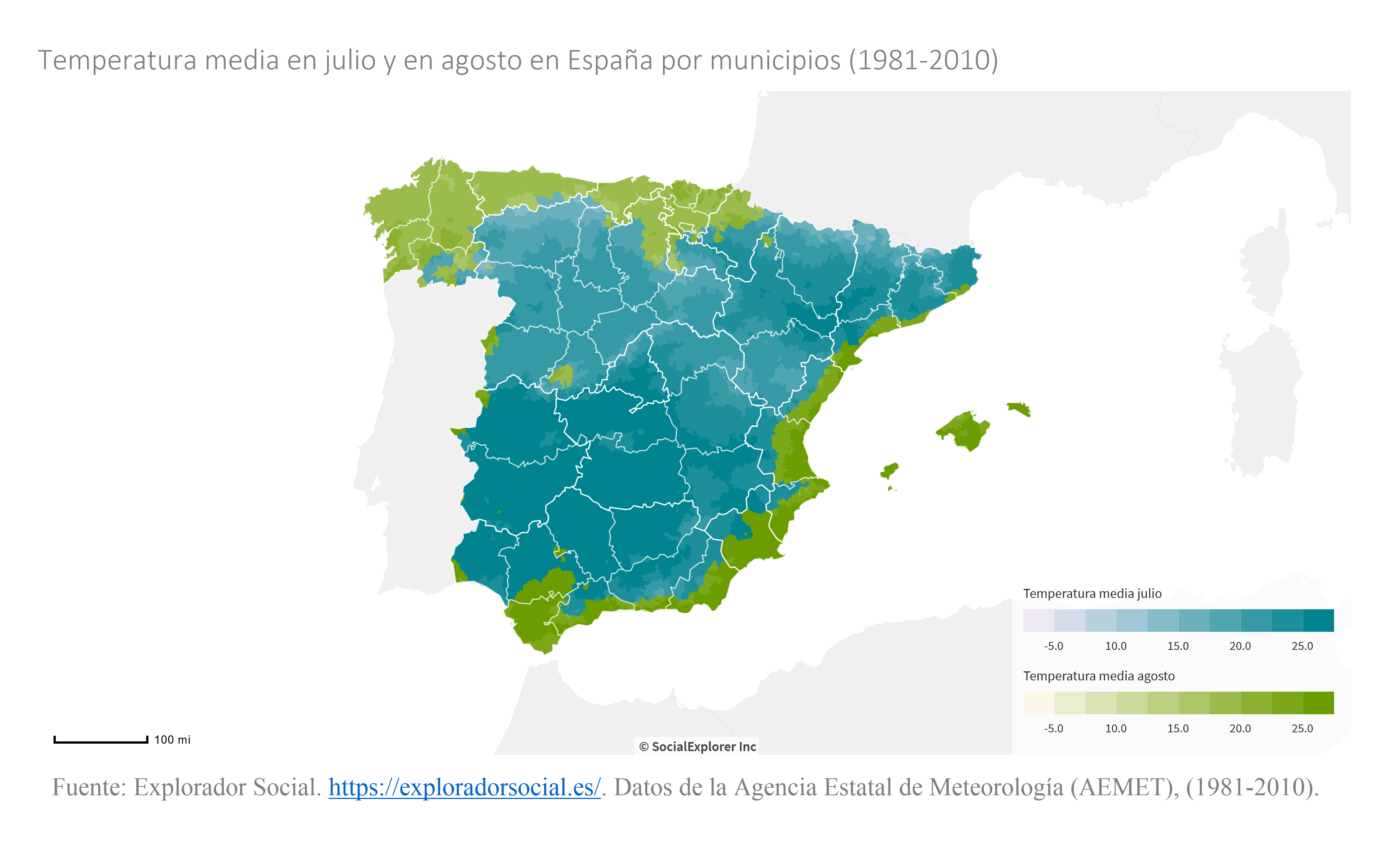 Mapa sobre la temperatura media en julio y en agosto en España por municipios (1981-2010)